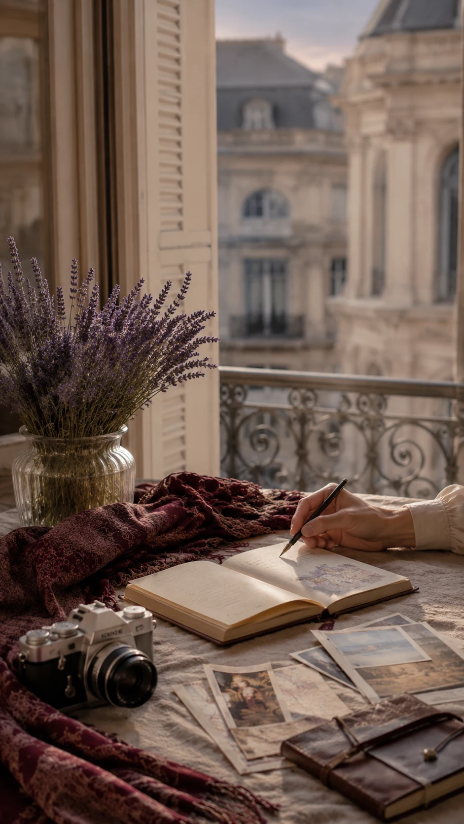 Carnet de voyage, lavande et architecture européenne dans un style boutique